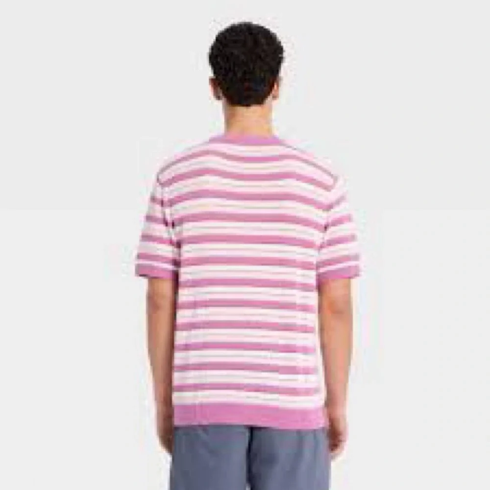 Goodfellow & Co Men's Crewneck Shawl Sweater Pink Striped Short Sleeved ShirT